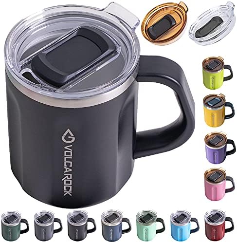 VOLCAROCK Stainless Steel Coffee Mug with Handle, 16 oz Double Wall Vacuum Insulated Travel Mug Tumbler With Slider Lid, Insulated Camping Tea Flask for Hot & Cold Drinks (Black)