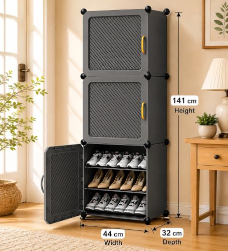 Image of EXVITO Plastic Shoe Rack for Home with Door, 3-Door Shoe Storage Cabinet | 6-Shelfs for 12 Pairs | Waterproof & Portable DIY Shoe Slipper & Chappal Stand for Entryway /Bedroom - Grey