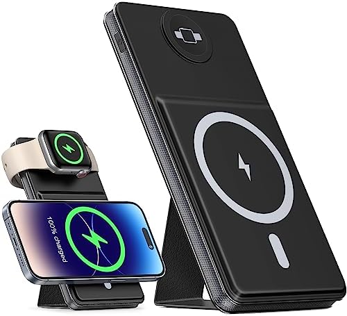 LATIMERIA Magnetic Wireless Charger for Apple Watch and Phone, 10000mAh 2 in 1 Portable Power Bank Battery Pack with Foldable Kickstand USB-C, for Apple Watch Ultra/8/7/6/SE/5/4/3/2/1, iPhone 14/13/12