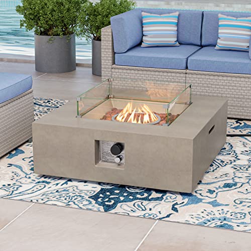Cosiest Square Outdoor Sandstone Propane Fire Pit W Wind Guard, 50,000 Btu Stainless Steel Burner, 35-Inch, Free Lava Rocks And Rain Cover, Tank Outside, Metal Lid (Gray) #TOP4