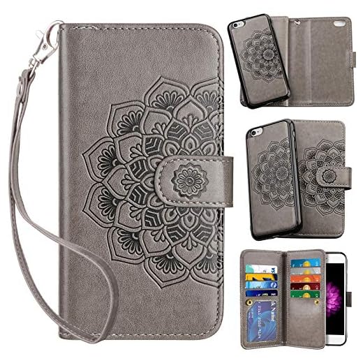 Vofolen 2-in-1 Case for iPhone 6S Plus Case iPhone 6 Plus Wallet Card Holder Detachable Flip Cover Magnetic Folio PU Leather Protective Slim Shell Wrist Strap for iPhone 6 Plus 6S Plus Mandala Grey