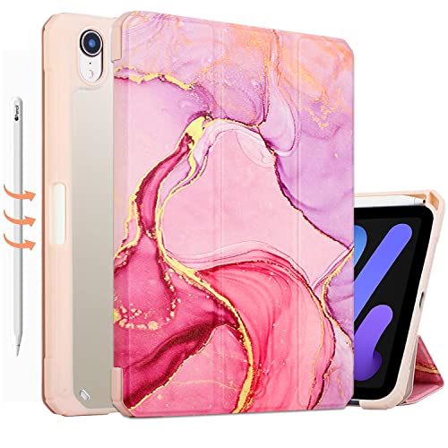 Fancity Funda para iPad Mini 6 2021 (8.3 pulgadas), funda delgada triple con soporte para lápices de pie, ligera, Smart Auto Wake/Sleep Case para iPad Mini 6ª generación, mármol rosa Cover