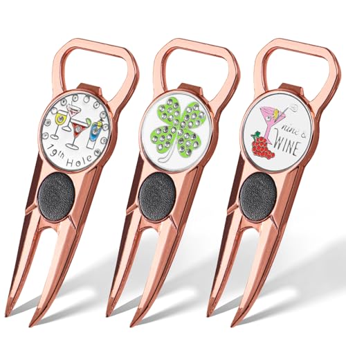 Amy Sport Premium Golf Divot Repair Tool Ball Markers With Belt Clip Value 3 Pack, 7-In-1 Tools Leather Grip Club Holder, Bottle Opener, Club Groove Cleaner, Putting Alignment Guide (Rose Gold-3 Pack)