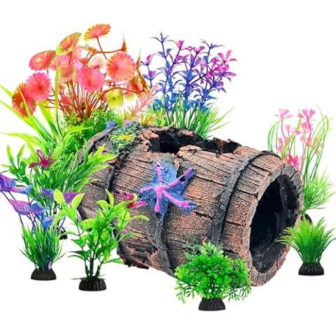 CousDUoBe Fish Broken Barrel Decor Fish Tank Decorations Betta Fish Tank Accessories,Starfish Barrel x 1pc, Fish Tank Plants x 8pcs Cover