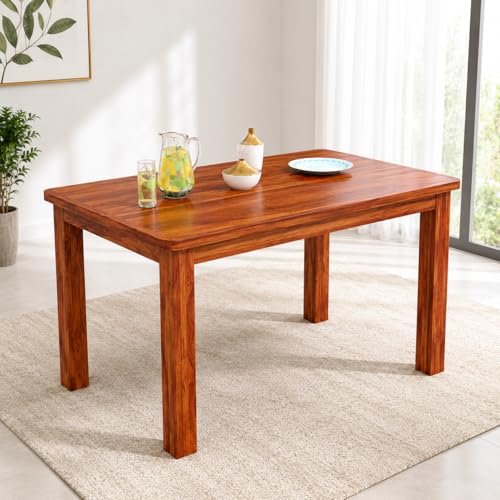 Image of VK Furniture Sheesham Solid Wood 4 Seater Dining Table Set of Four with 4 Cushion Chairs for Dinner Hall Kitchen Living Room Home Office Restaurant |L45 X W30 X H30|Natural Chestnut
