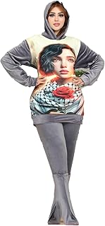 Women's Velvet Hooded Tracksuit Set, Different Sizes, Winter Loungewear with Artistic Print, 3 Pieces