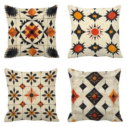 Fundas Cojines 70x70 Beige Funda Cojin Exterior Impermeable Funda Almohada Decorativas Juego de 4 Cojines para Sofa Cama Sillas Sala de Estar Patio Balcón Jardín Decoración para Hogar Bohemia D-9414
