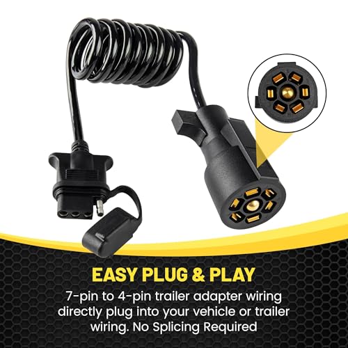 Oyviny 7 Pin Blade to 4 Pin Coiled Trailer Extension Cord 5FT with PU Insulation Jacket, Stretchable RV 7 Way Blade to 4 Way Flat Coiled Trailer Wiring Adapter Pure Copper