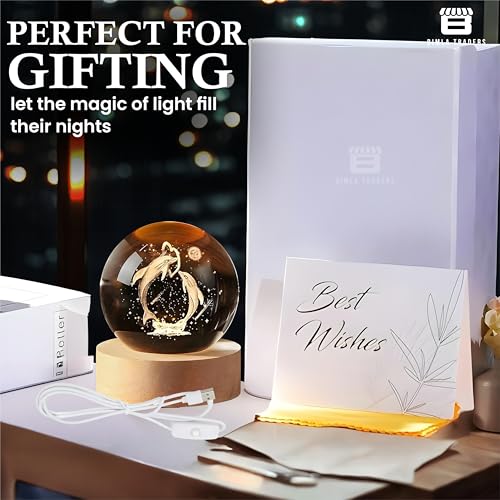Image of 3D Dolphin Crystal Ball Night Lamp | Table LED Light with Wooden Stand for for Home Decor, Birthday Gift for Teens Boys and Girls | (Heart Dolphin)