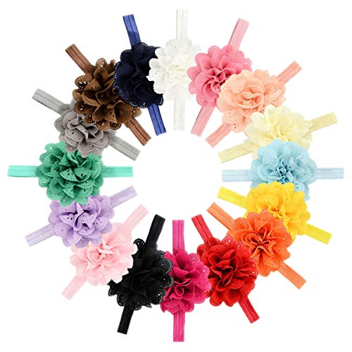 Baby Girls Big Headbands Chiffon Hair Bows Lace Band for Newborns Infants 16 or 12 PCS (579-16PCS)
