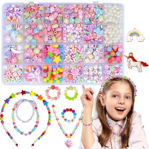 Abalorios para Niños, Kit de abalorios para pulsera de niña Fabricación Bisutería Infantil Juguetes Niñas de 5 a 12 Años, Caja de Abalorios Niña Regalos de Cumpleaños (Cuentas de colores Unicornio)