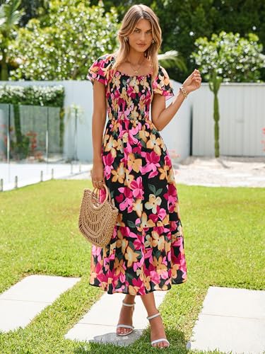 Simplee Womens Summer Floral Maxi Dress Flowy Flutter Sleeve Smocked Wedding Guest Square Neck A Line Tiered Casual Dresses Black Rose — view 5