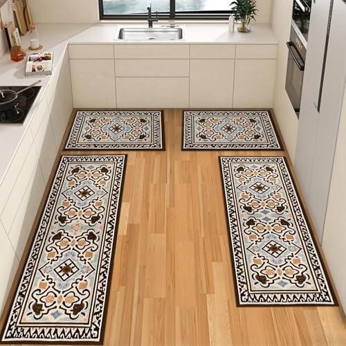 Farmhouse Kitchen Rug Sets 4 Piece with Runner Non Slip Kitchen Rugs and Mats Washable Kitchen Mats for Floor Thick Kitchen Floor Mat Carpet Runner Rugs for Entryway, Laundry, Sink