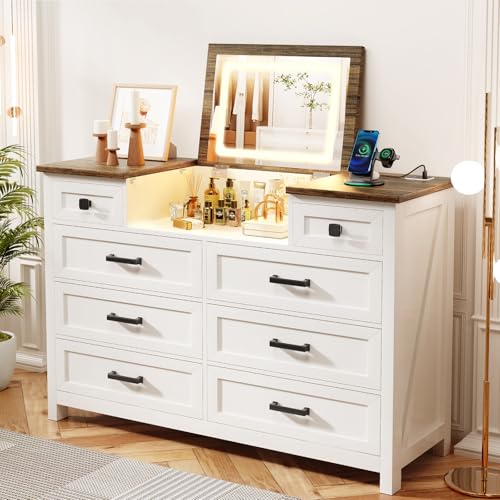 Dresser with Mirror for Bedroom, Chest of Drawers with LED Mirror, 8 Drawer Dresser with Charging Station, White Kids Dressers, Farmhouse Makeup Vanity with Storage for Bedroom