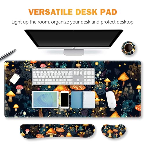 Image of ARTSO Large Gaming Mouse Pad, Keyboard Wrist Rest Pad & Wrist Support Mousepad Set, Stitched Edge, Extended, Non-Slip Base, Memory Foam Desk Mat for Office, Home, Cute Mushrooms