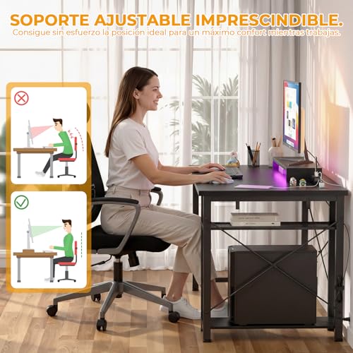 iSunirm Escritorio Gaming Negro 120 cm con LED y Enchufes, Mesa de Ordenador con Soporte de Monitor Ergonómico, Escritorio PC Reversible con Gancho para Auriculares, Estación de Trabajo Estable - imagen 5