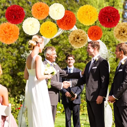 Image of BestoFun 16PCS Fall Party Decorations Orange Red Tissue Paper Flowers Pompoms Decorations for Girl Groovy Birthday Baby Shower Wedding Autumn Thanksgiving Halloween Room Wall Hanging Decor