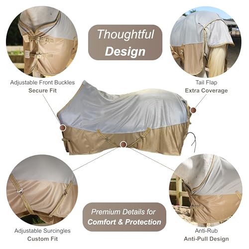 Image of BARN & STABLE Breathable and UV Protective Tear-Resistant Mesh Horse Fly Sheet Comfy Equine Summer Sheet with Removable Web Leg Straps (Silver Gold, 69 in)