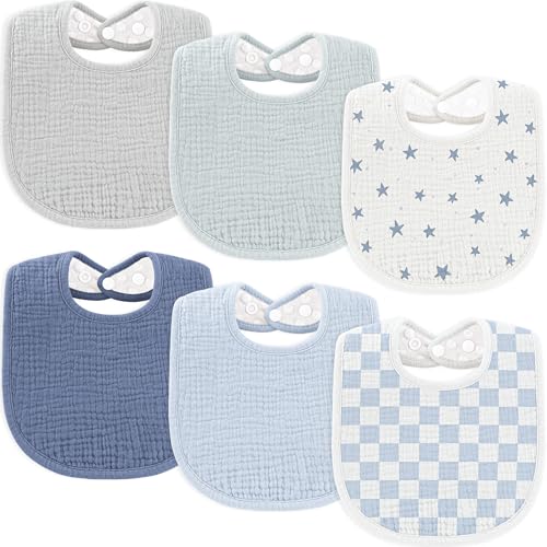 Susurration Muslin Baby Bibs 6 Pack Bandana Drool Bibs,Soft Square Adjustable Baby Drooling Bibs for Unisex Girls & Boys (Blue Star)