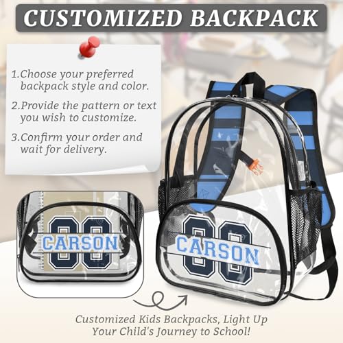 Personalized Clear Backpack with Name, Custom Heavy Duty PVC Transparent Backpack,Sports Number See Through Back Pack with Reinforced Strap for Stadium Approved Events Blue4