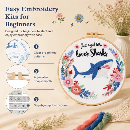Image of Louise Maelys Cartoon Shark Embroidery Kit for Beginners, DIY Stitching