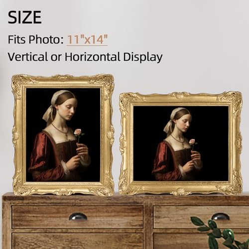 Image of Saysmile Vintage 11x14 Picture Frame Gold, Textured Antique Picture Frames with Embossed Flower Design, Ornate Frame for 11x14 Photo, Resin Antique Frames Tabletop & Wall Hanging, Home Decor