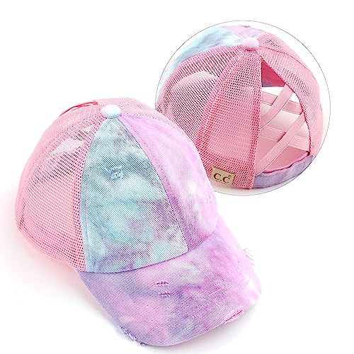 C.c Kids Criss-Cross Elastic Band Ponytail Caps Messy Buns Trucker Plain Baseball Cap (Bt-6-Kids) (Kids-Bt-780) (Kids-Bt-783) (A Crossed Elastic Band(Tie-Dye)-Baby Pink) #TOP30