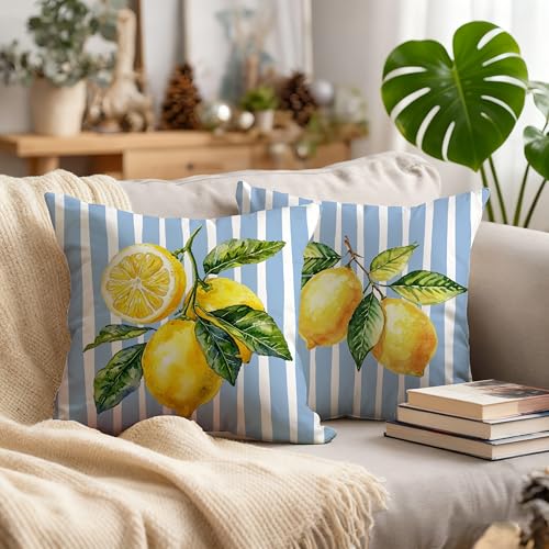 Image of Blue and Yellow Lemon Pillow Cover Summer Italian Mediterranean Amalfi Coast Decor 18x18,Italian Striped Decorative Throw Pillow Cover Decor for Couch Double-Sided Set of 2