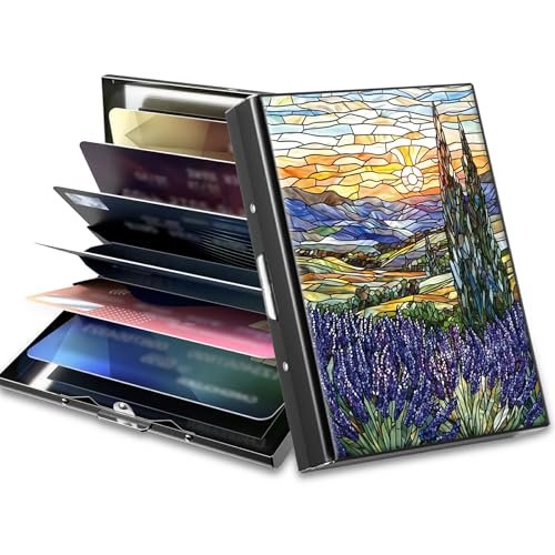 Image of Slim Credit Card Holder, Stained Glass Lavender RFID Blocking Metal Wallet for Men & Women, Aluminum Minimalist Hard Case Pocket-Sized Business Cards Organizer (Fits Up to 10 Cards)
