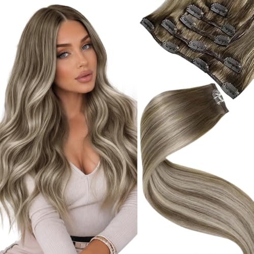 Image of LaaVoo Human Hair Clip in Extensions Balayage Blonde, 5pcs 16inch | Real Hair Extensions Clip on for Quick Volume, Straight, Soft, Light Brown to Blonde Ombre, 80g