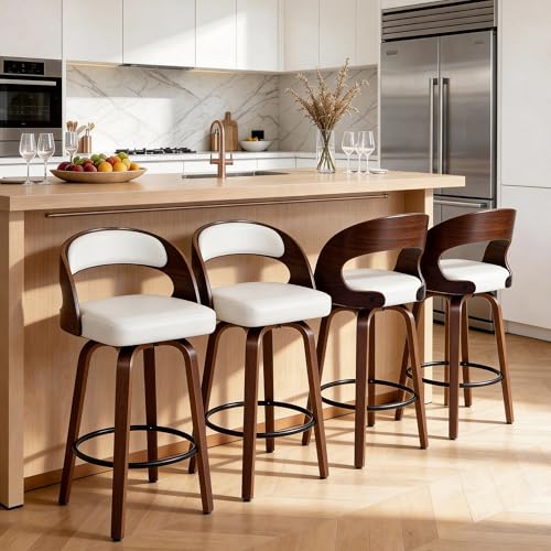 Image of Swivel Bar Stools Set of 2, 26 inch Counter Height Bar Stools with Curved Backrest, Mid-Century Modern PU Fabric Modern Island Chairs with Footrest, for Kitchen, Bar, Restaurant, Cafe, White
