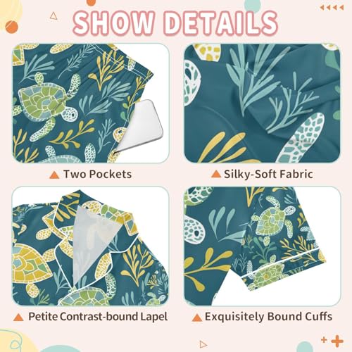 senya Sea Turtle in Aqua Satin Summer Pajama Sets Silk Short Sleeve Button Down Sleepwear3