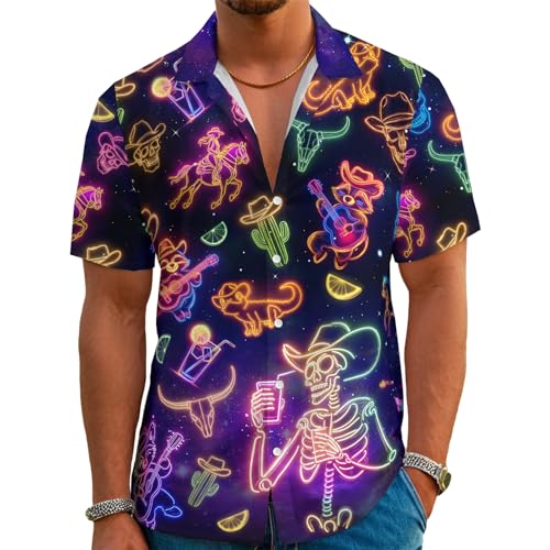 Funny Cowboy Skull and Raccoon Hawaiian Shirt Button Down Beach...