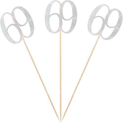 Palitos de centro de mesa de cumpleaños 69 con purpurina plateada, paquete de 12 decoraciones de fiesta de aniversario número 69