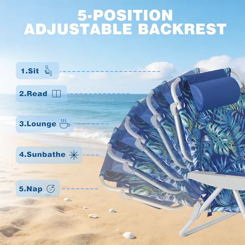 Image of SUNNYFEEL Extra Wide Low Beach Chair 2 Pack 5 Position Lay, XL Oversized Portable Folding Camping Chairs with Cup Holder for Outdoor /Sand, Foldable Backpack Beach Chair for Adults Heavy Duty 500 LBS