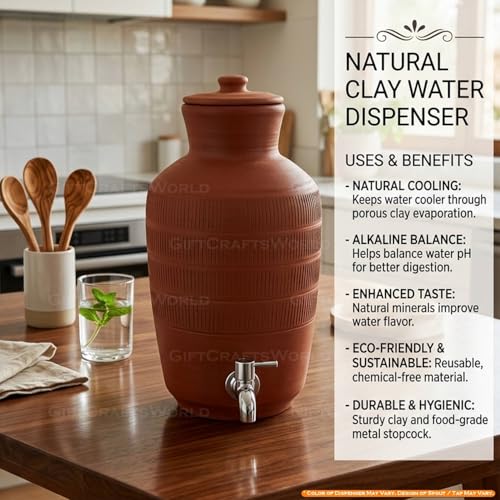 Image of Terracotta Clay Water Dispenser with Tap and Lid - Mitti Ka Ghada for Water Cooling, Eco Friendly Earthen Pot, Traditional Home Kitchen Drinkware Storage Container (5 Liters)
