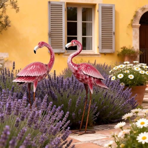 Estatuas decorativas flamencos metálicos para jardín 2 unidades miniatura 5