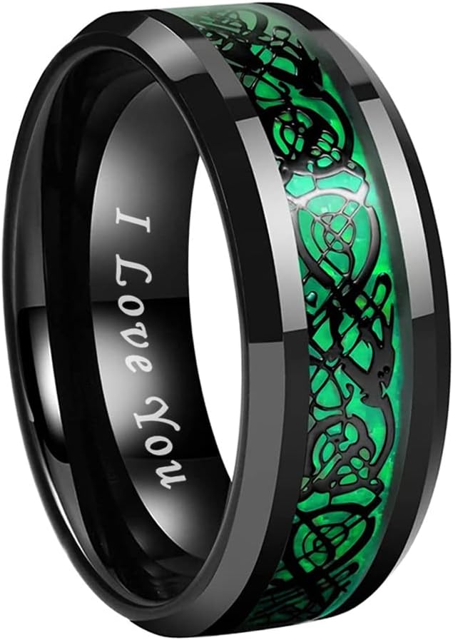 8mm Red Green Purple Carbon Fiber Celtic Dragon Inlay Black Tungsten Rings for Men ...