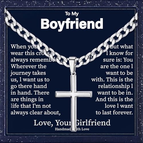 Ringcal Cross Necklace for Men with Gift Box Silver Gold Stainless Steel Cross Pendant Necklace Mens Crucifix Chain Necklace (Silver for Boyfriend 24inch)