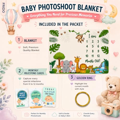 Image of Baby Monthly Milestone Photoshoot Blanket with Milestone Cards, Cotton, 115x95 cm, Animal Theme, 1-12 Months (Animal)