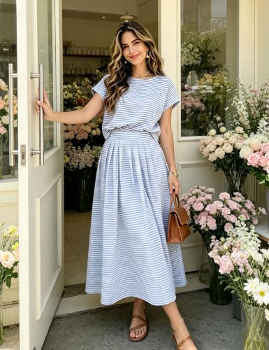 Image of Zontroldy Women's Summer 2 Piece Outfits Striped Skirt Sets Cap Sleeve Crop Top Midi Dress Matching Travel Outfits