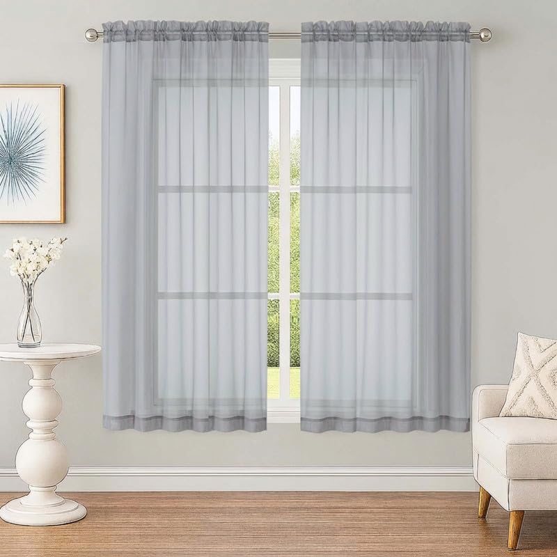 OWENIE Light Grey Sheer Curtains 63 Inch Long 2 Panels for Living Room