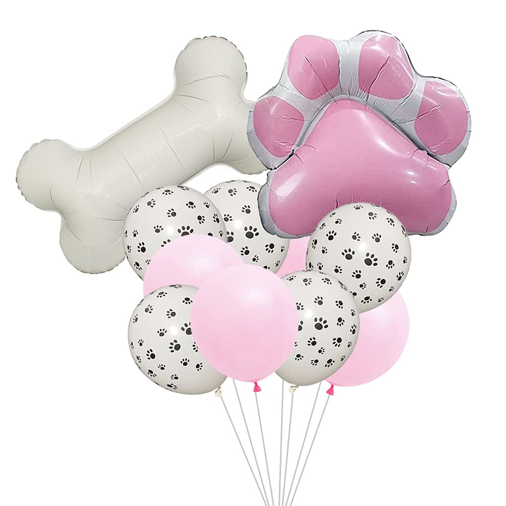 13pcs Dog Party Balloons Decorations, Large Bone Shaped Foil Balloons Pink Dog Paw Shaped Mylar Balloons for Pets Dog Puppy Birthday Party Decorations Supplies