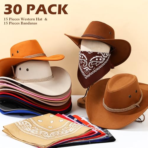 Image of Coume 15 Set Western Cowboy Hat Costume Accessories Paisley Bandanna Cowgirl Hats Bulk for Adult Women Men Dress Party