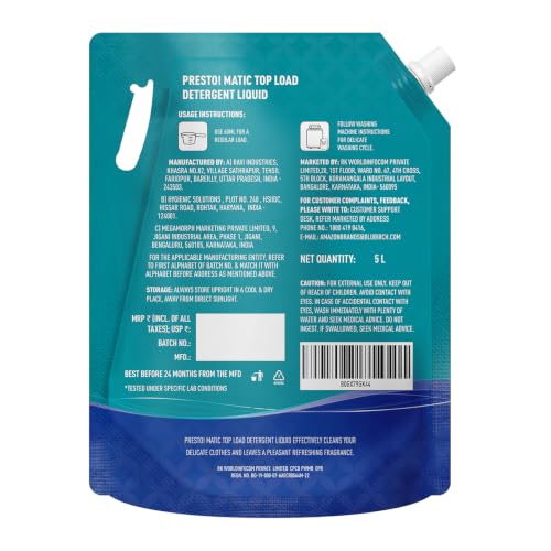 Image of Amazon Brand - Presto! Matic Top Load Liquid Detergent Refill Pack 5L | Floral Scent | Intense Cleaning for Top Load Washing Machines