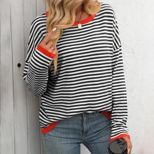 Womens Crew Neck Long Sleeve Oversized Shirt Sweaters Fall Outfits 2025 V Neck Striped Pullover Tops Lose Women Shirts?Black, S