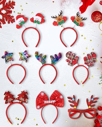 SOBEAU 14 Stück Brillen Haarreif Weihnachten,Weihnachtsbrillen Partybrillen Spassbrillen Weihnachten Rentier Kostüm Stirnbänder Tannenbaum & Weihnachtsmann Kopfbedeckung