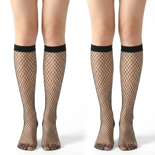 Styquenzer 2 Pairs Fishnet Socks for Women, Women's Fishnet Knee High Socks, Black Mesh Hollow out Stockings with Elastic Mesh Net Sock