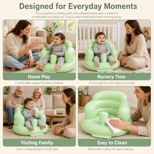 Image of Mink Inflatable Baby Seat for Babies 3 Months & Up, Blow Up Floor Baby Chair with Back Support, Fence & Built-in Air Pump, Sit Me Up Inflatable Chair for Sit Training, Feeding, Travel (Grass Green)