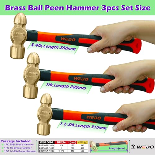 Image of WEDO 3PCS Brass Ball Peen Hammer Set, 12 oz+16 oz+24 oz(3 /4lb+1lb+1-1 /2lb), Brass Ball Pein Hammer Set with Fiberglass Handle, Die-Forged, Corrosion Resistant, DIN Standard